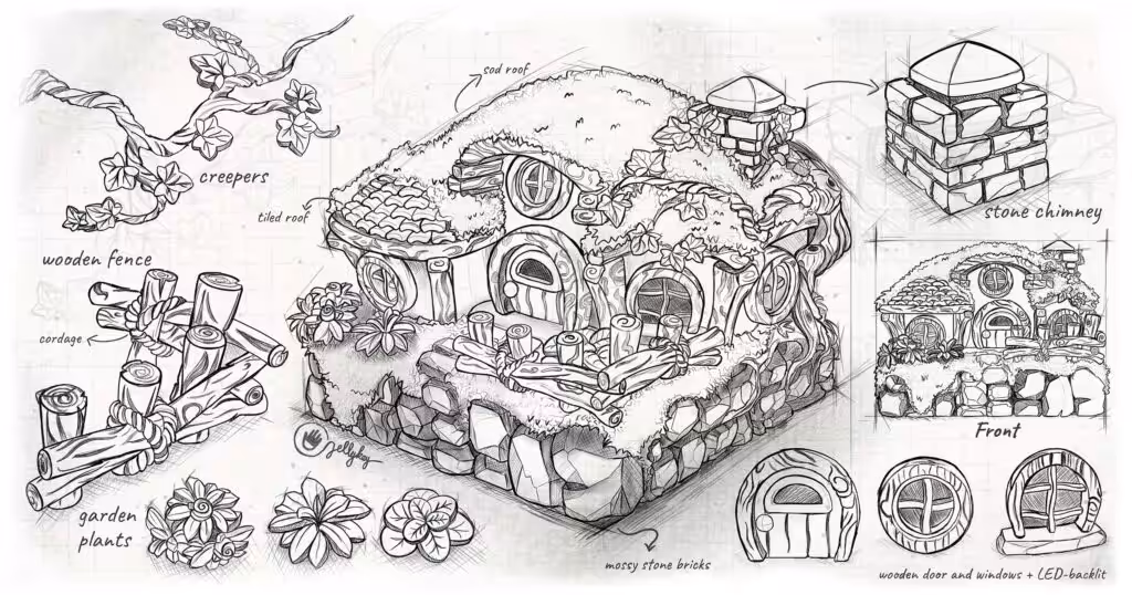 Detailed fantasy house custom keycaps sketch with floral and architectural elements.