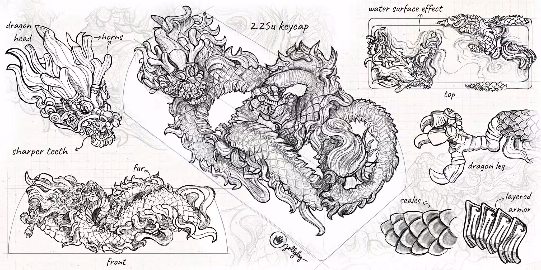 Detailed dragon design sketches with annotations.