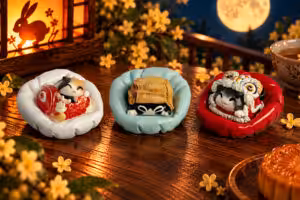 Resin keycap stands shaped like cat beds, holding Moonlit Mischief artisan keycaps