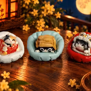 Resin keycap stands shaped like cat beds, holding Moonlit Mischief artisan keycaps
