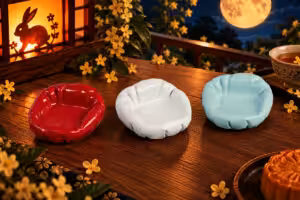 Resin keycap stands shaped like cat beds, in red, white and blue