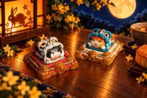 Two Mid-Autumn keycap stands, red and white with gold lion heads, holding Moonlit Mischief lion dance cat artisan keycaps
