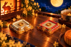 Two Mid-Autumn keycap stands in red and white, gold lion heads on the corners and a twisted rope around the base